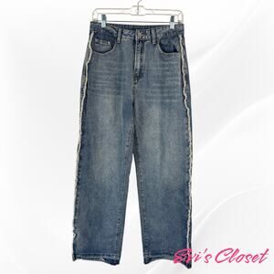 Jeans Women's Sz M. 8-10 BOHO Blue Frayed Seams Fringed Bottoms, Trendy